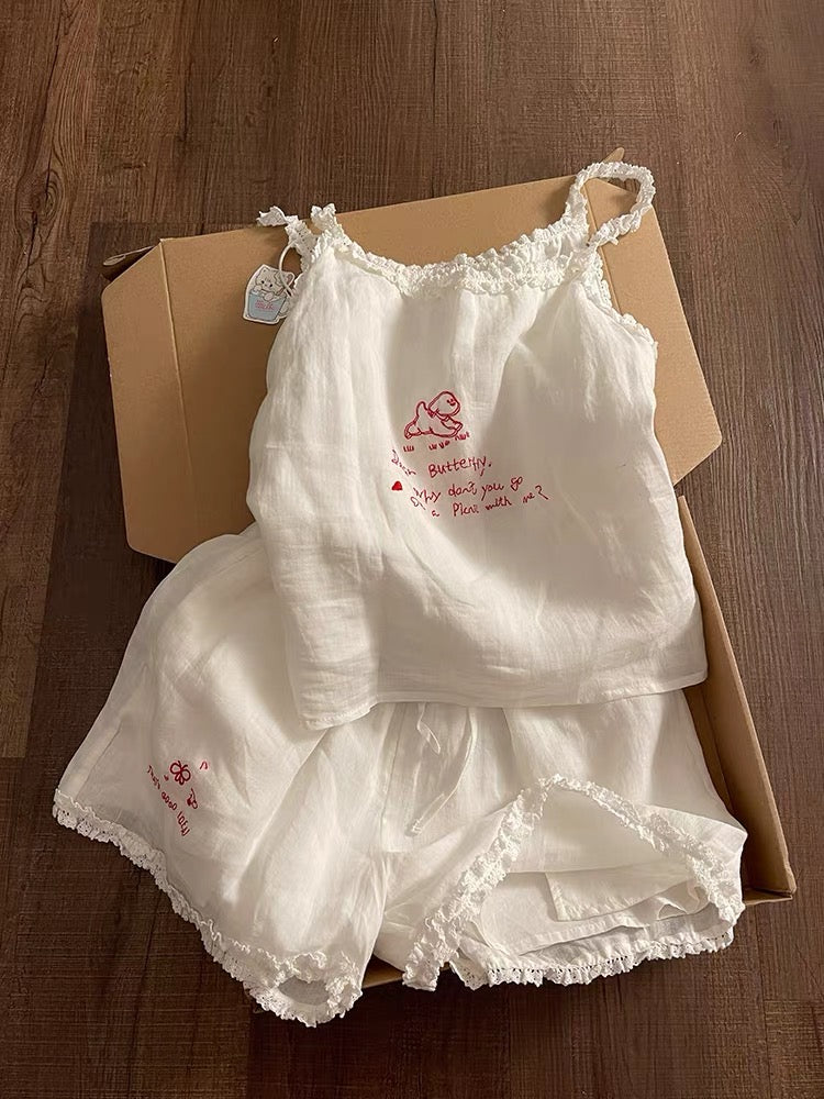 White Frilly Camisole Pajama Set with Embroidered Bunny Print