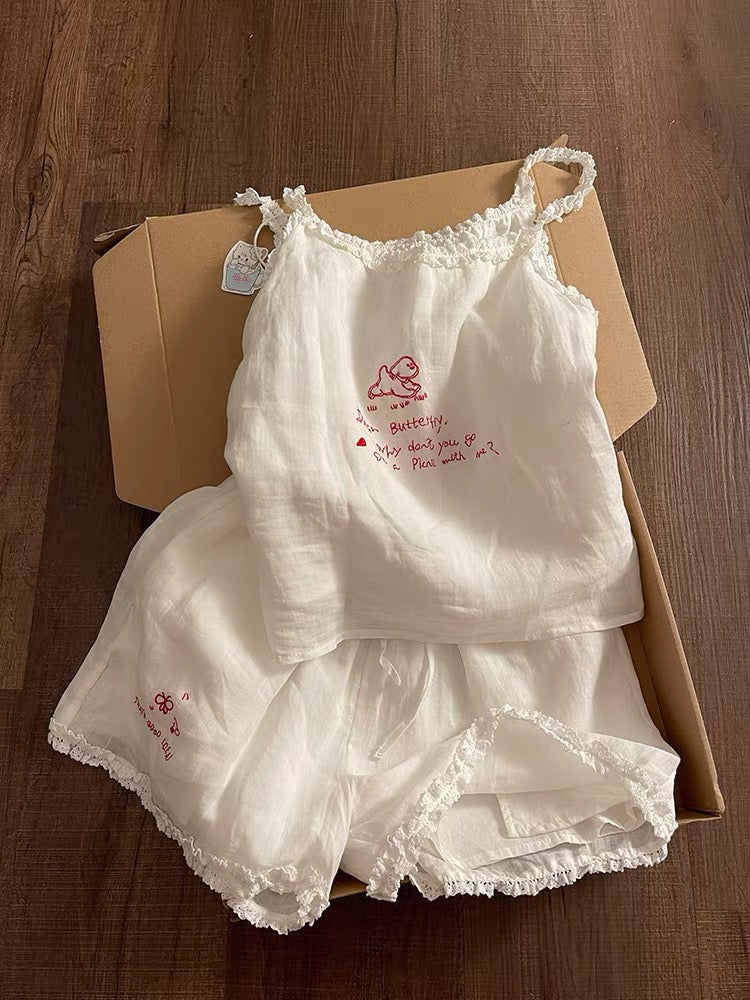 White Frilly Camisole Pajama Set with Embroidered Bunny Print