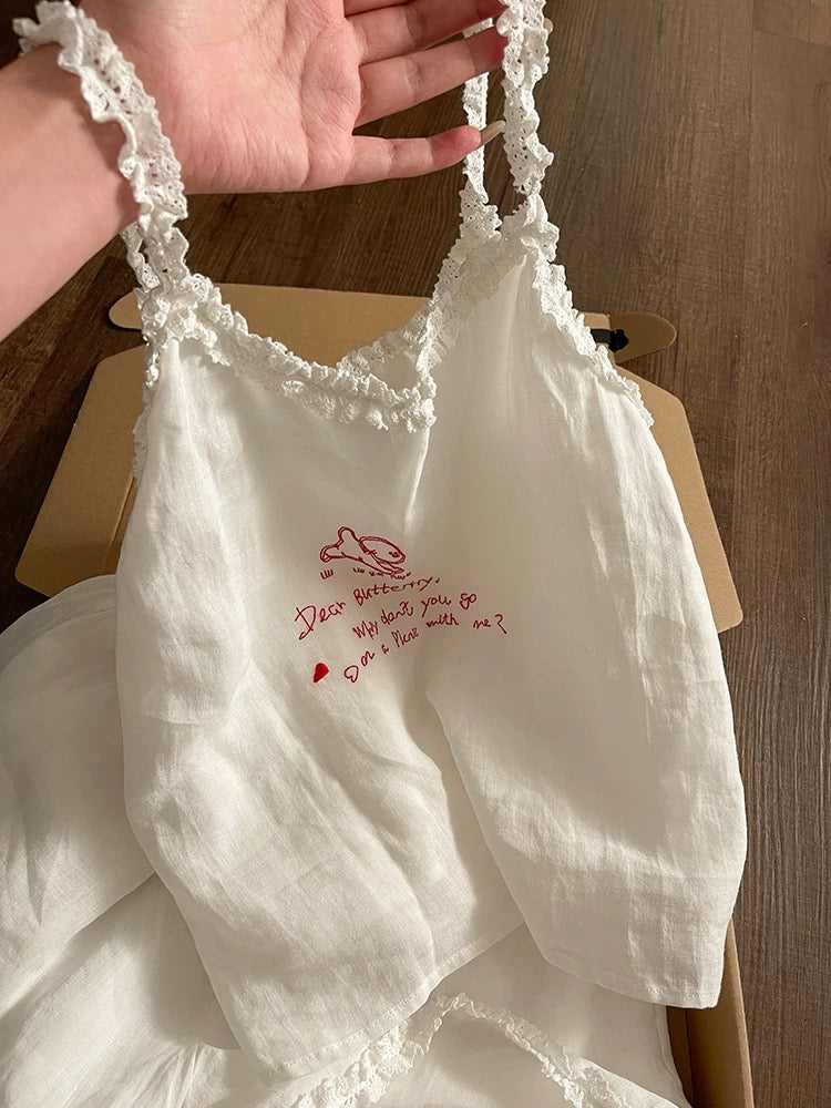 White Frilly Camisole Pajama Set with Embroidered Bunny Print