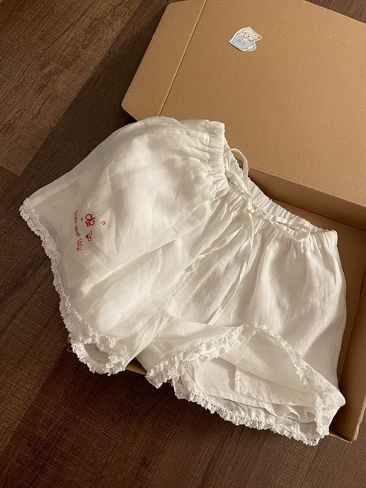 White Frilly Camisole Pajama Set with Embroidered Bunny Print
