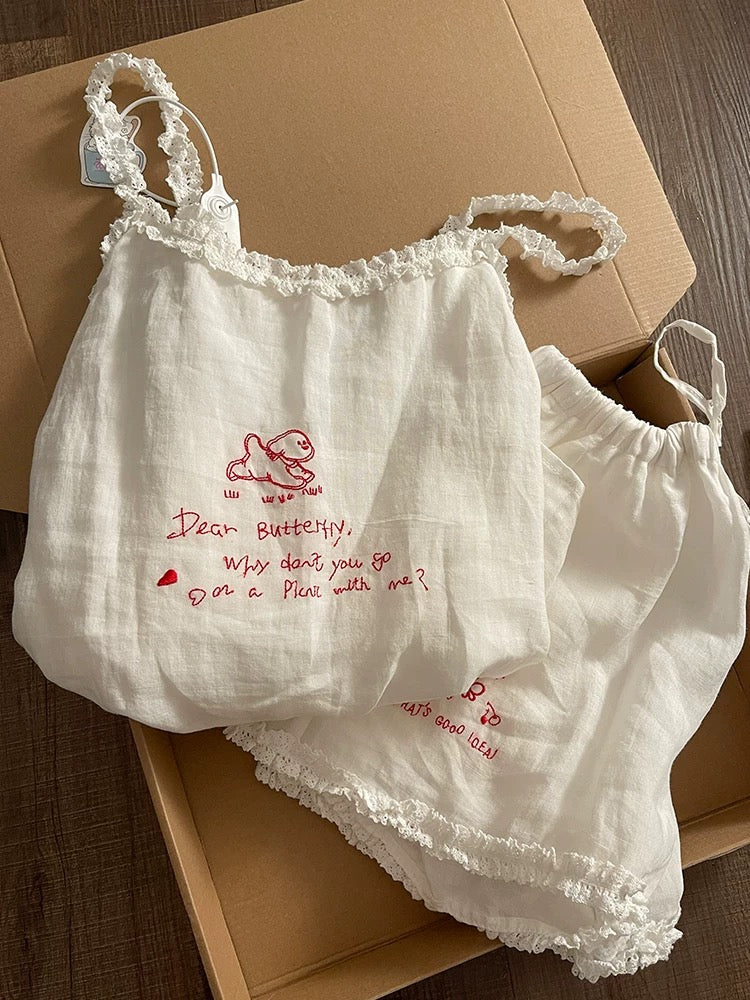 White Frilly Camisole Pajama Set with Embroidered Bunny Print