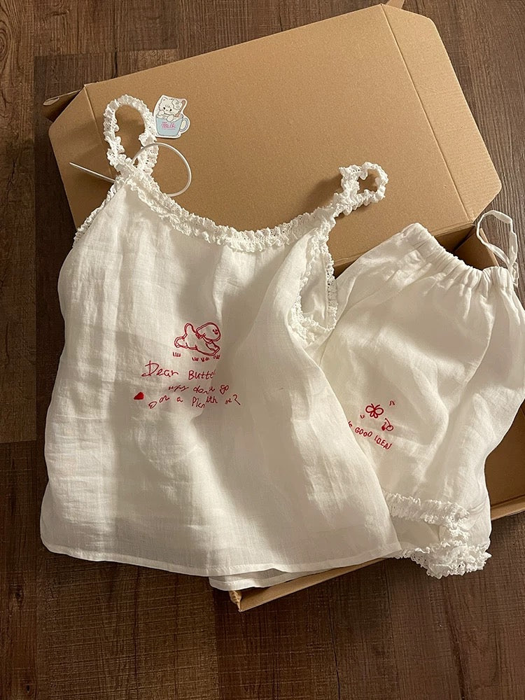 White Frilly Camisole Pajama Set with Embroidered Bunny Print