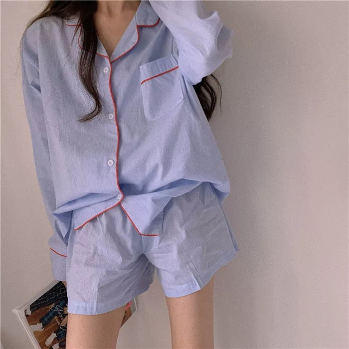 Light Blue Long Sleeve Cotton Pajama Set with Red Piping