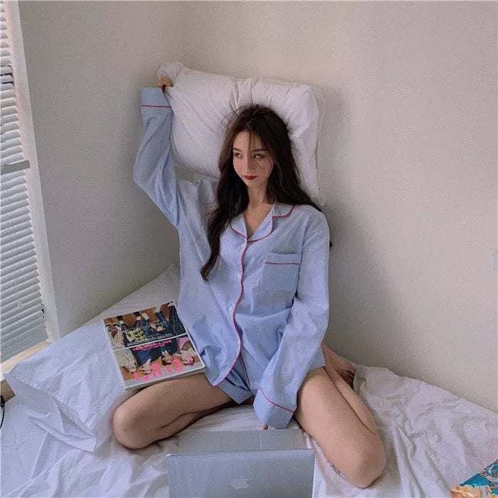 Light Blue Long Sleeve Cotton Pajama Set with Red Piping