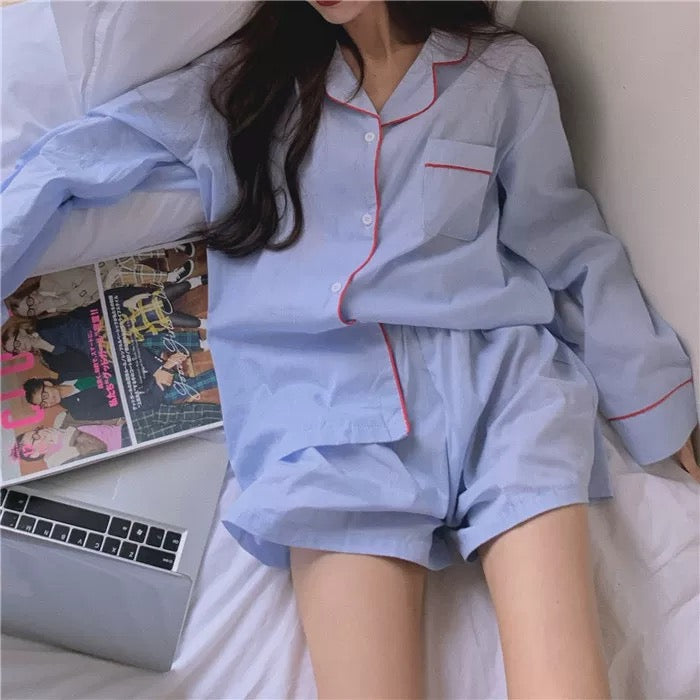 Light Blue Long Sleeve Cotton Pajama Set with Red Piping