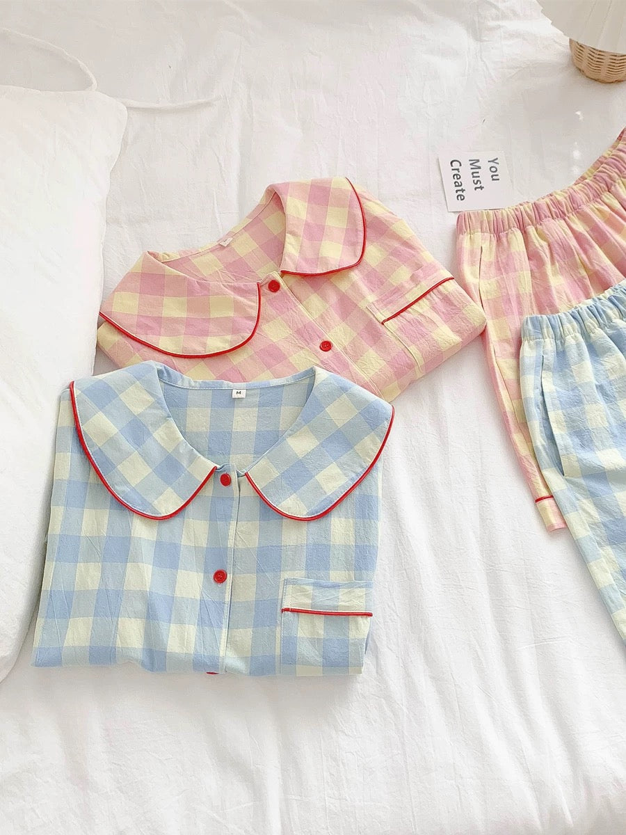 Pink & Yellow Gingham Checkered Cotton Pajama Set