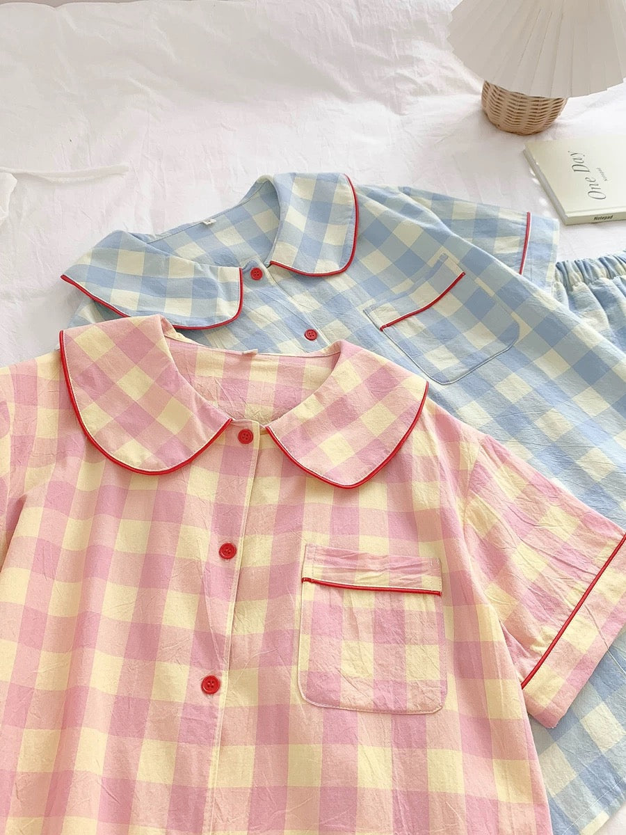 Pink & Yellow Gingham Checkered Cotton Pajama Set