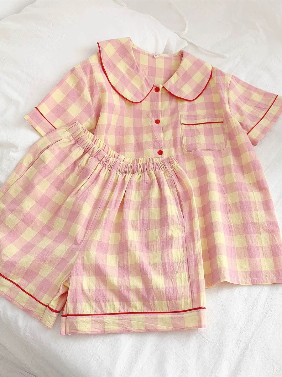 Pink & Yellow Gingham Checkered Cotton Pajama Set