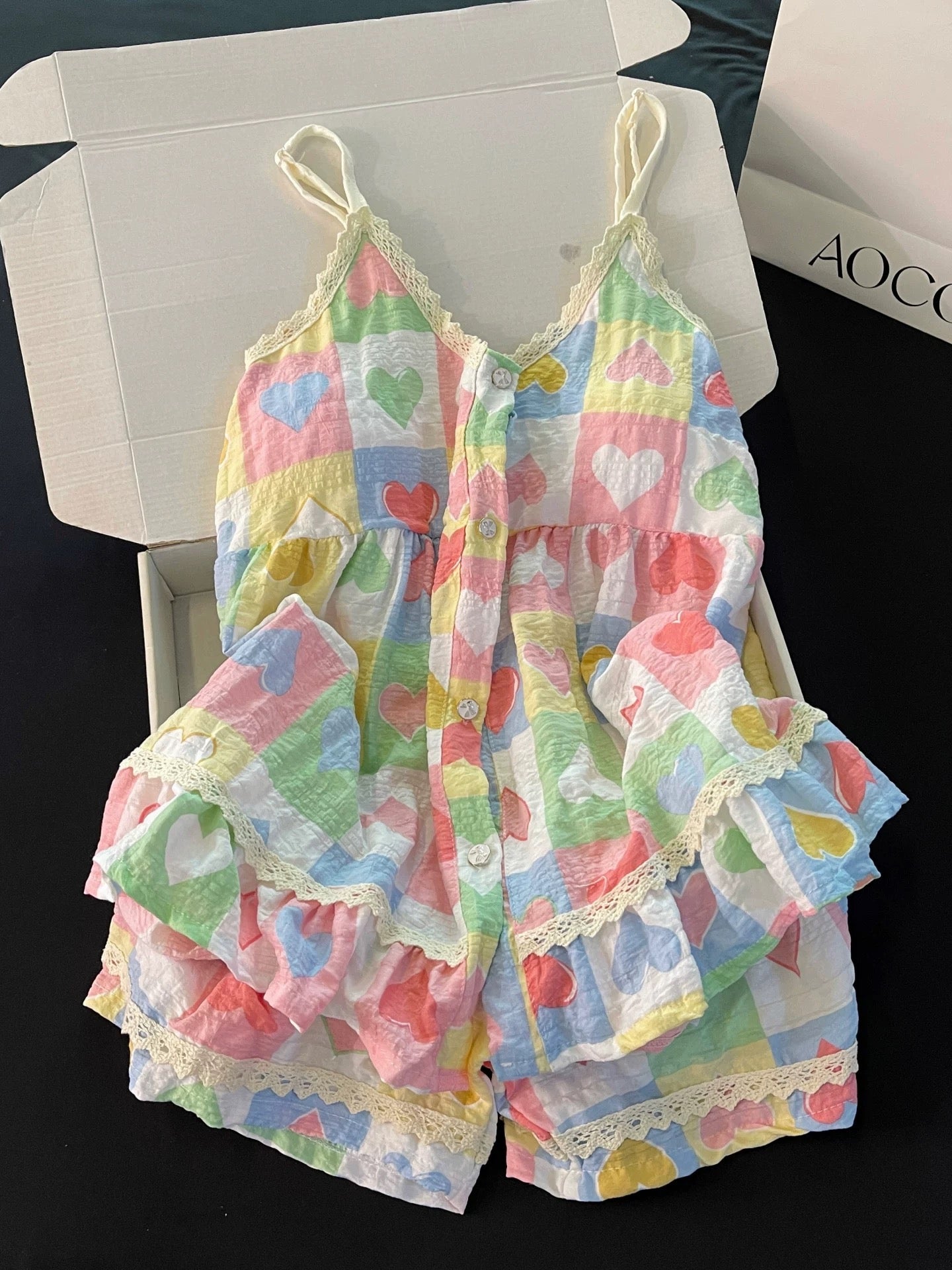Pastel Heart Print Ruffled Pajama Set with Removable Bra Pads