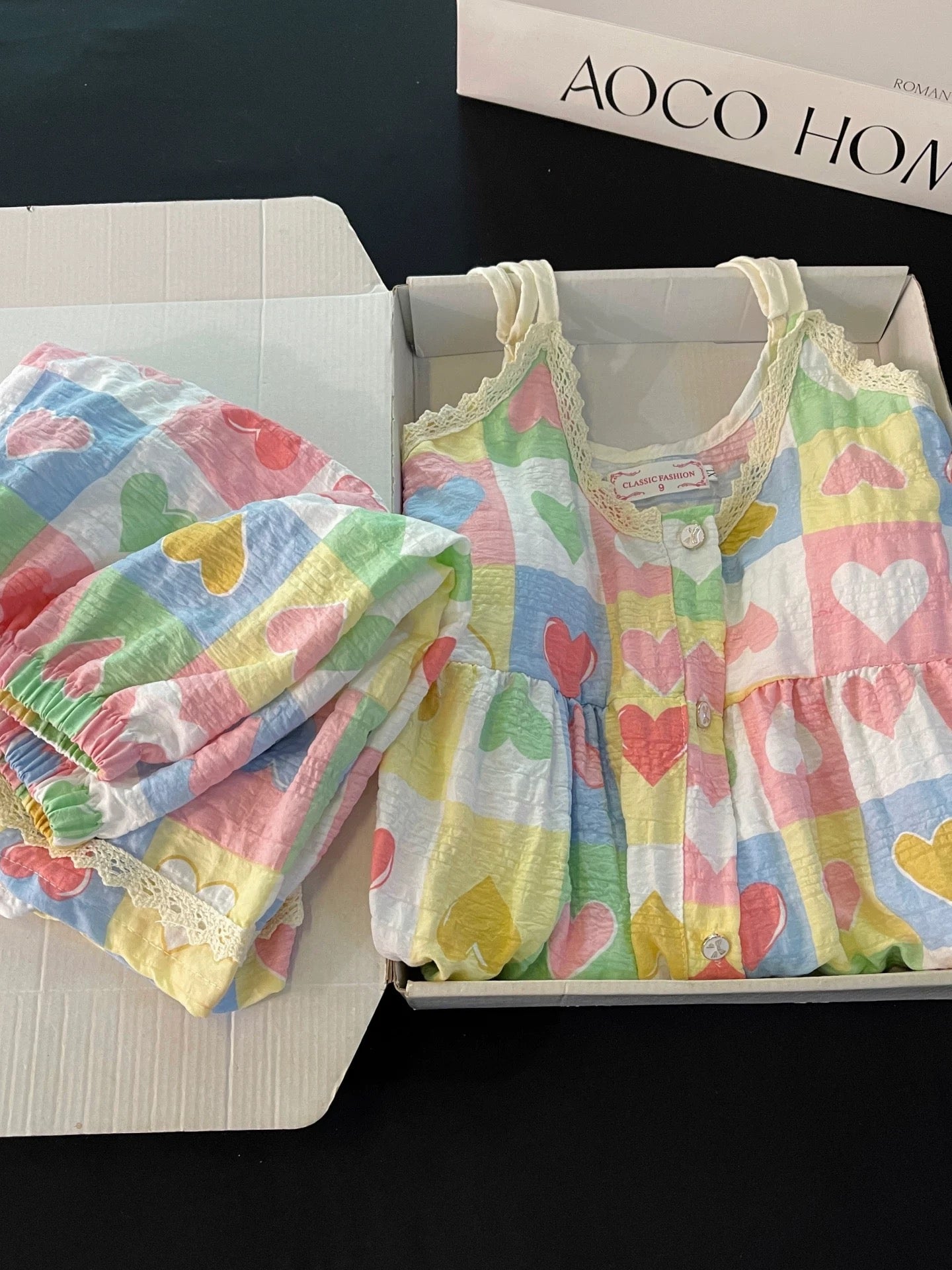 Pastel Heart Print Ruffled Pajama Set with Removable Bra Pads