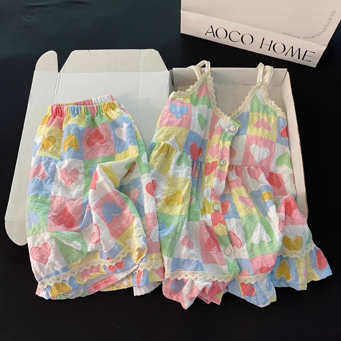Pastel Heart Print Ruffled Pajama Set with Removable Bra Pads