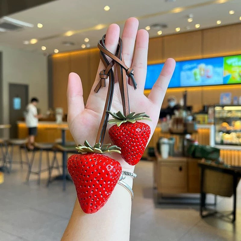 Realistic Strawberry Keychain Necklace – Red Fruit Charm with Leather Strap