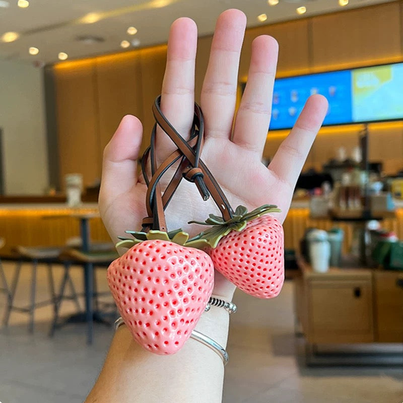 Realistic Strawberry Keychain Necklace – Red Fruit Charm with Leather Strap
