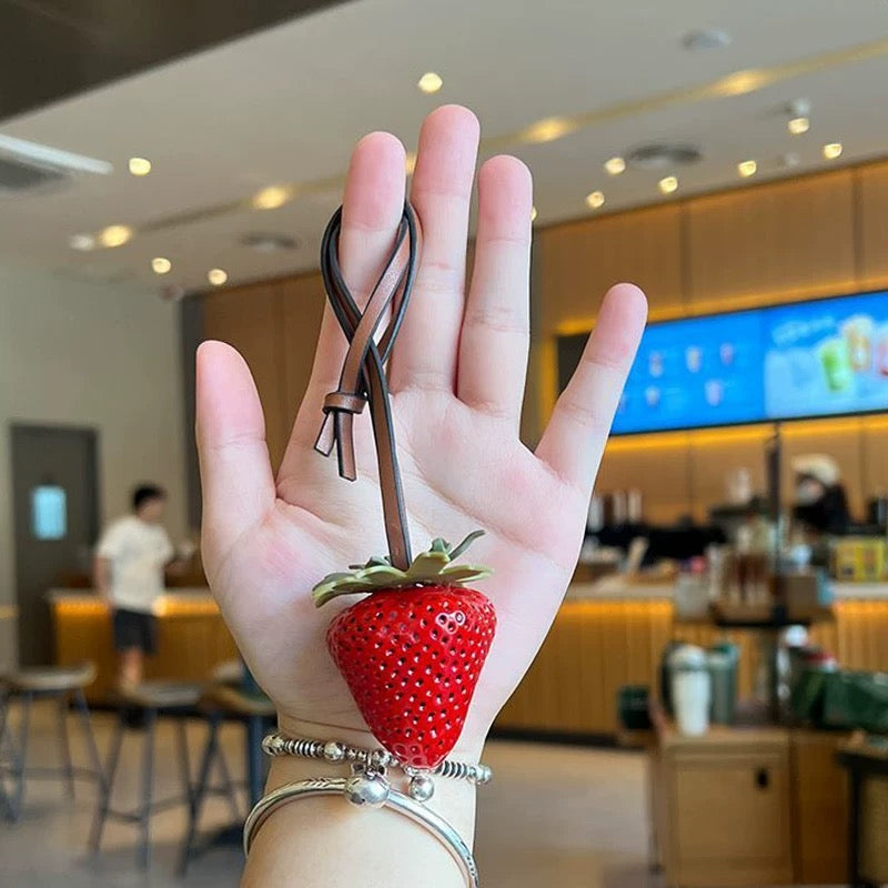 Realistic Strawberry Keychain Necklace – Red Fruit Charm with Leather Strap
