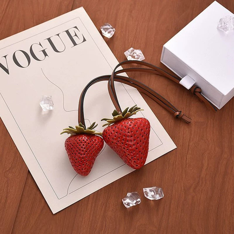 Realistic Strawberry Keychain Necklace – Red Fruit Charm with Leather Strap