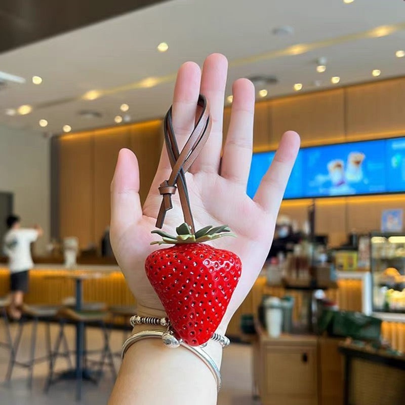 Realistic Strawberry Keychain Necklace – Red Fruit Charm with Leather Strap
