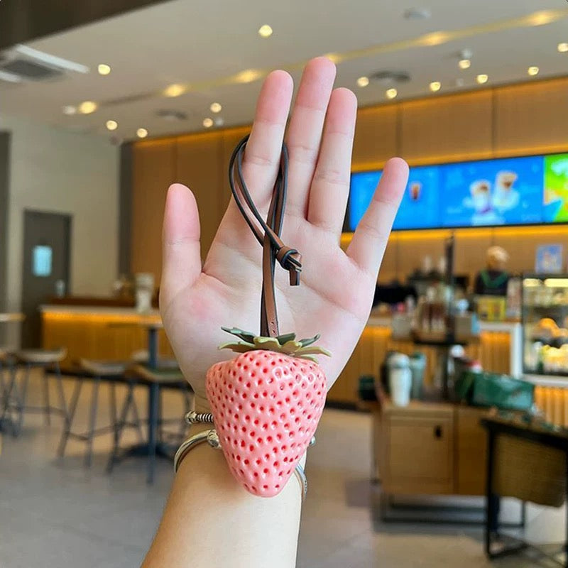 Realistic Strawberry Keychain Necklace – Red Fruit Charm with Leather Strap