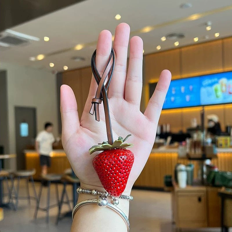 Realistic Strawberry Keychain Necklace – Red Fruit Charm with Leather Strap