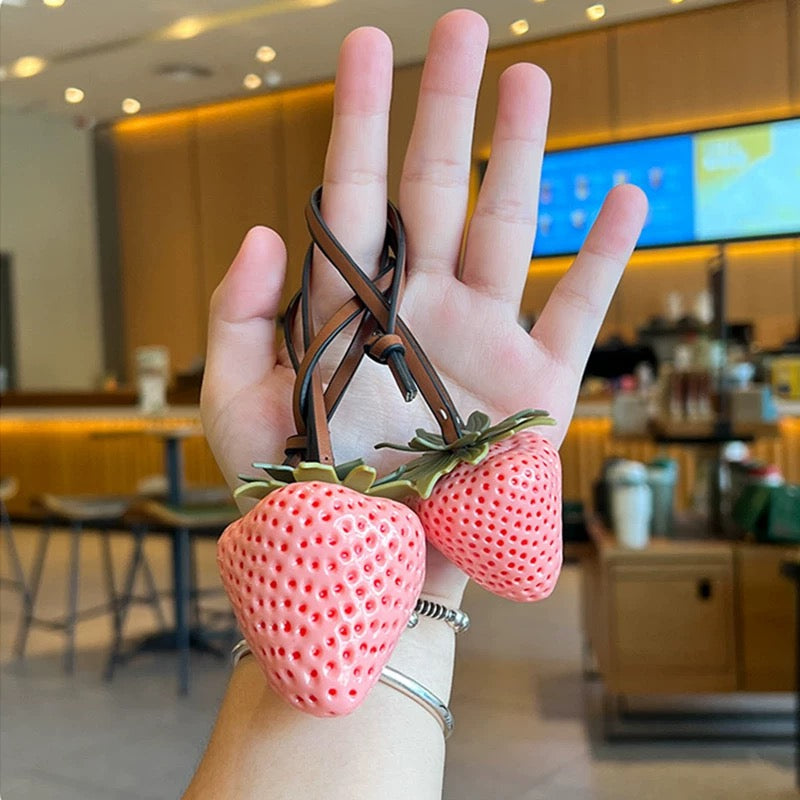 Realistic Strawberry Keychain Necklace – Red Fruit Charm with Leather Strap