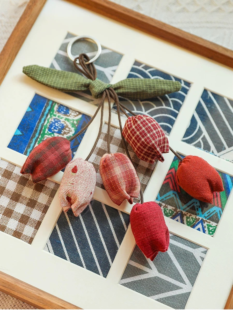 Rustic Fabric Tulip Keychain – Earth Tone Flower Charm