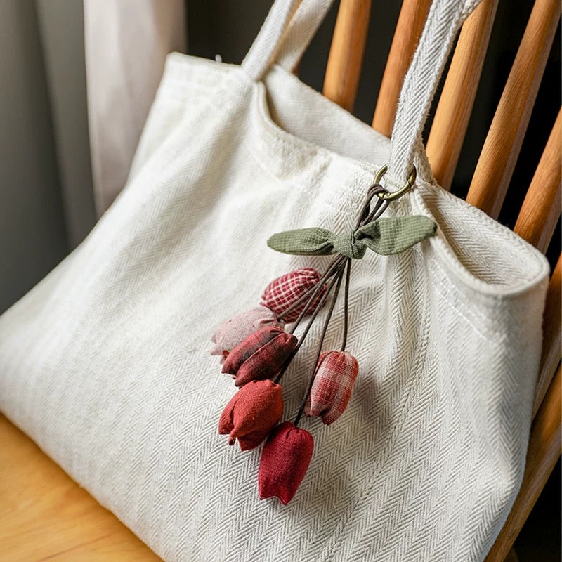 Rustic Fabric Tulip Keychain – Earth Tone Flower Charm