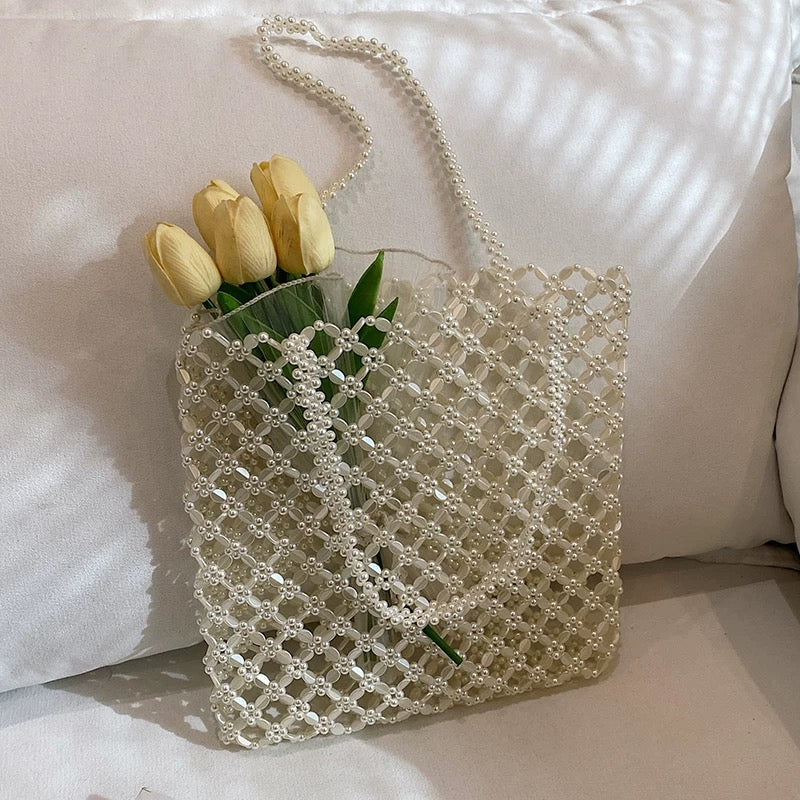 Crystal Beaded Mesh Tote Bag - Silver