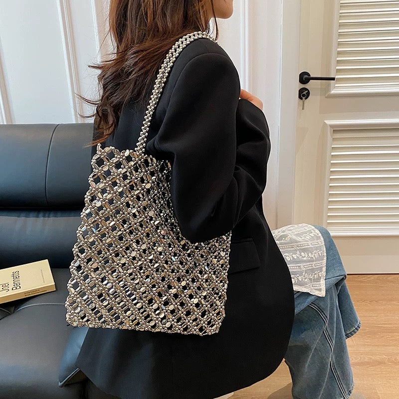 Crystal Beaded Mesh Tote Bag - Silver