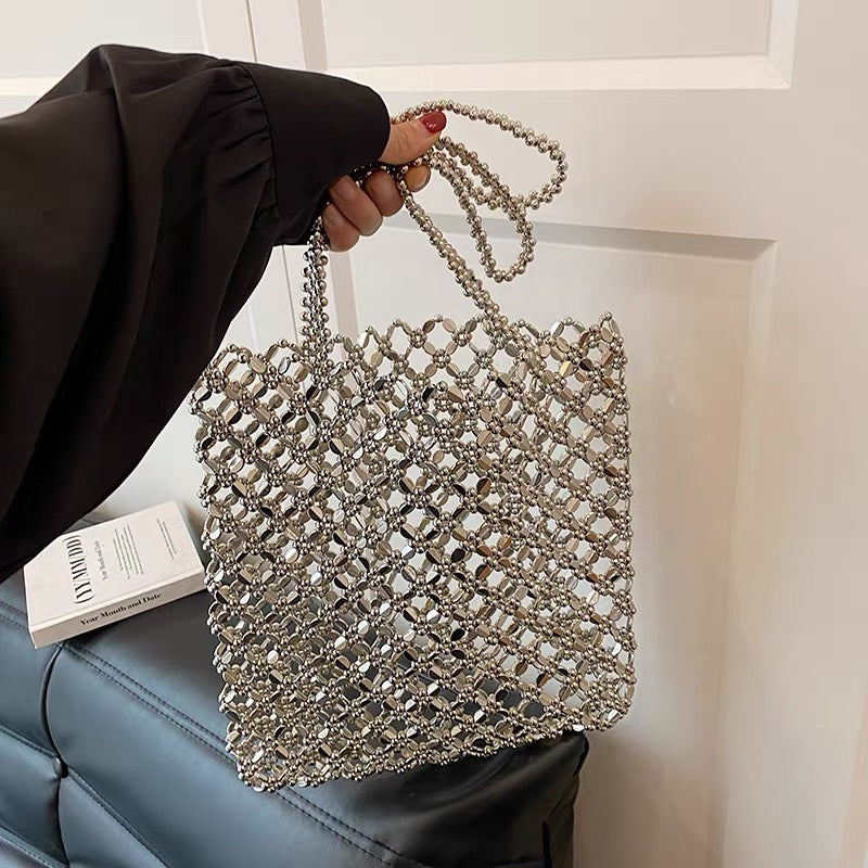 Crystal Beaded Mesh Tote Bag - Silver