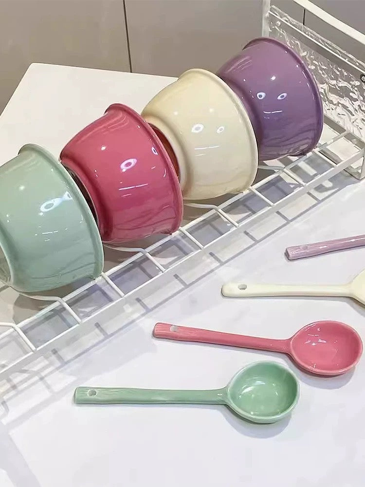 Pastel Ceramic Bowls with Matching Spoons – Colorful Kitchen Set