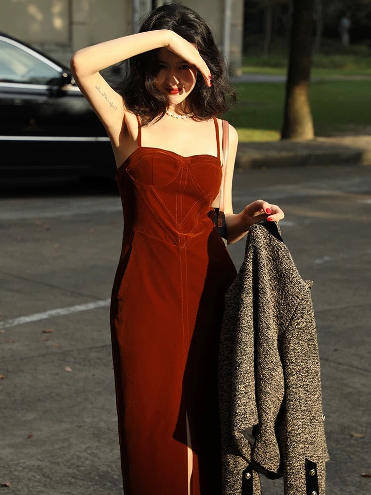 Orange-Red Corduroy Midi Strap Dress with Front Slit – Autumn Winter Vintage-Inspired Dress