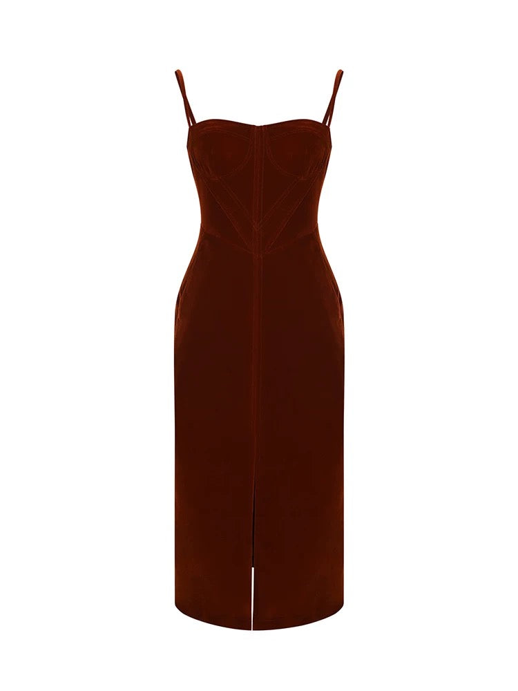 Orange-Red Corduroy Midi Strap Dress with Front Slit – Autumn Winter Vintage-Inspired Dress
