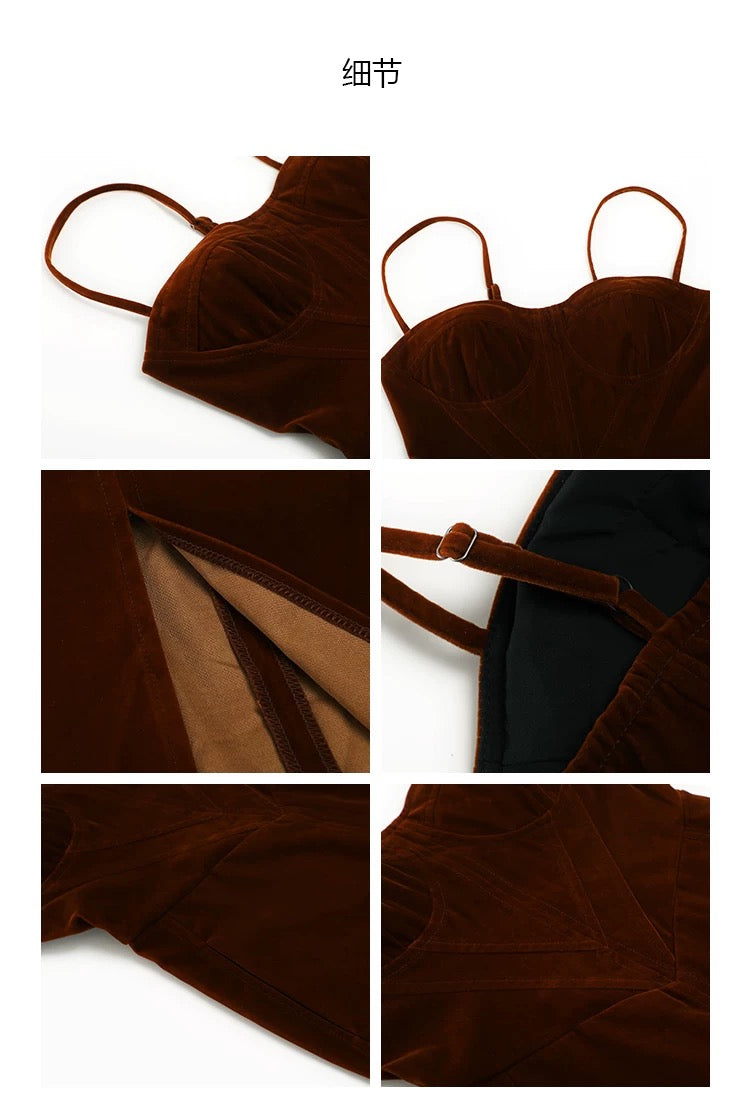 Orange-Red Corduroy Midi Strap Dress with Front Slit – Autumn Winter Vintage-Inspired Dress