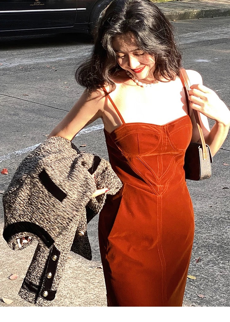 Orange-Red Corduroy Midi Strap Dress with Front Slit – Autumn Winter Vintage-Inspired Dress