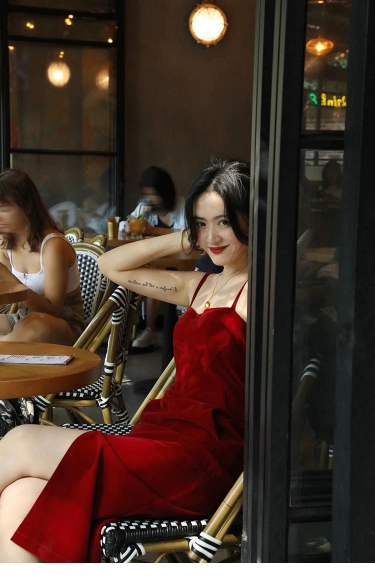 Orange-Red Corduroy Midi Strap Dress with Front Slit – Autumn Winter Vintage-Inspired Dress
