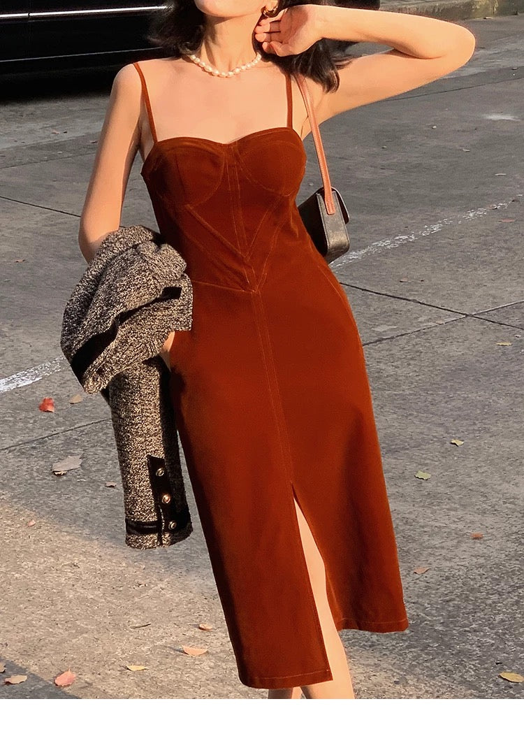 Orange-Red Corduroy Midi Strap Dress with Front Slit – Autumn Winter Vintage-Inspired Dress