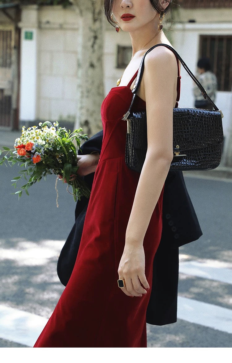 Orange-Red Corduroy Midi Strap Dress with Front Slit – Autumn Winter Vintage-Inspired Dress