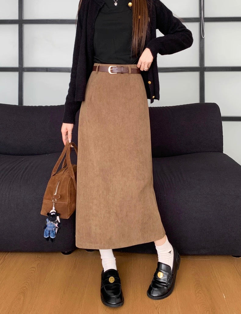 Suede Midi A-Line Skirt with Front Slit