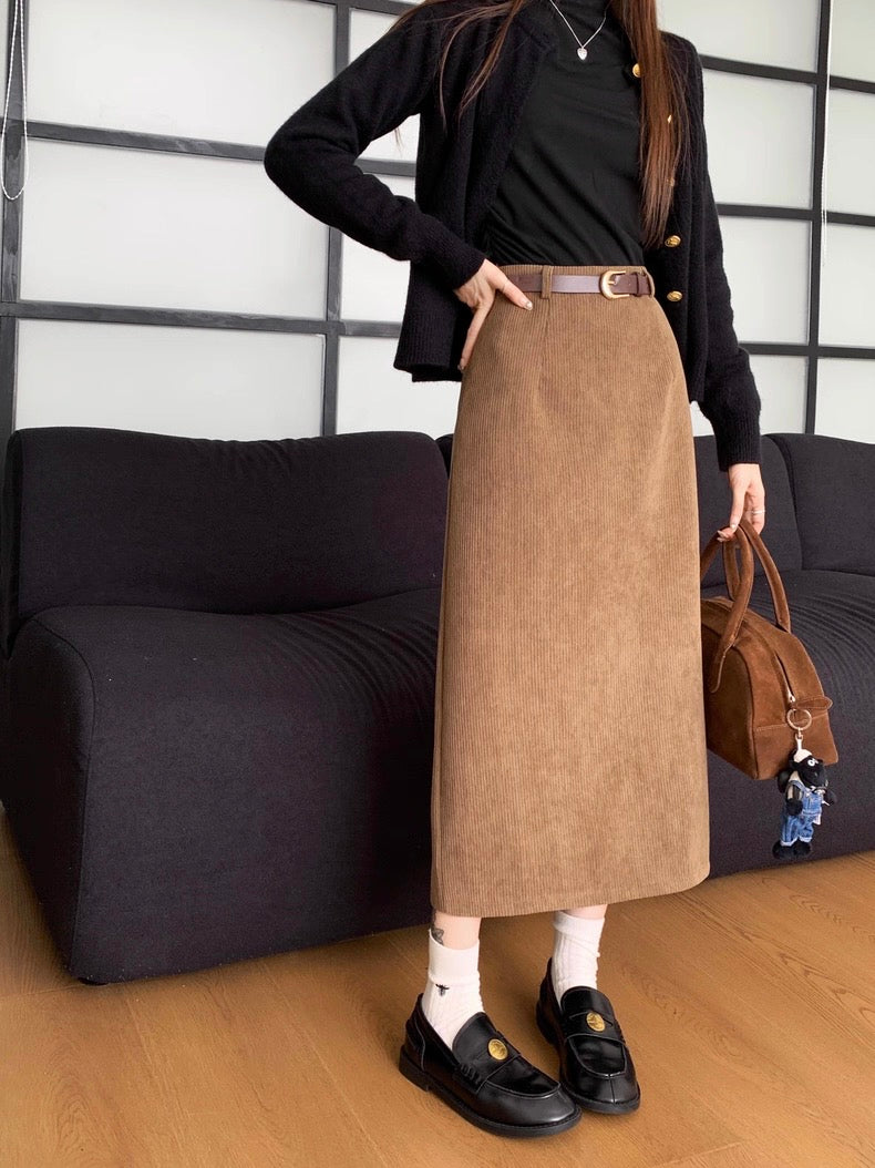Suede Midi A-Line Skirt with Front Slit