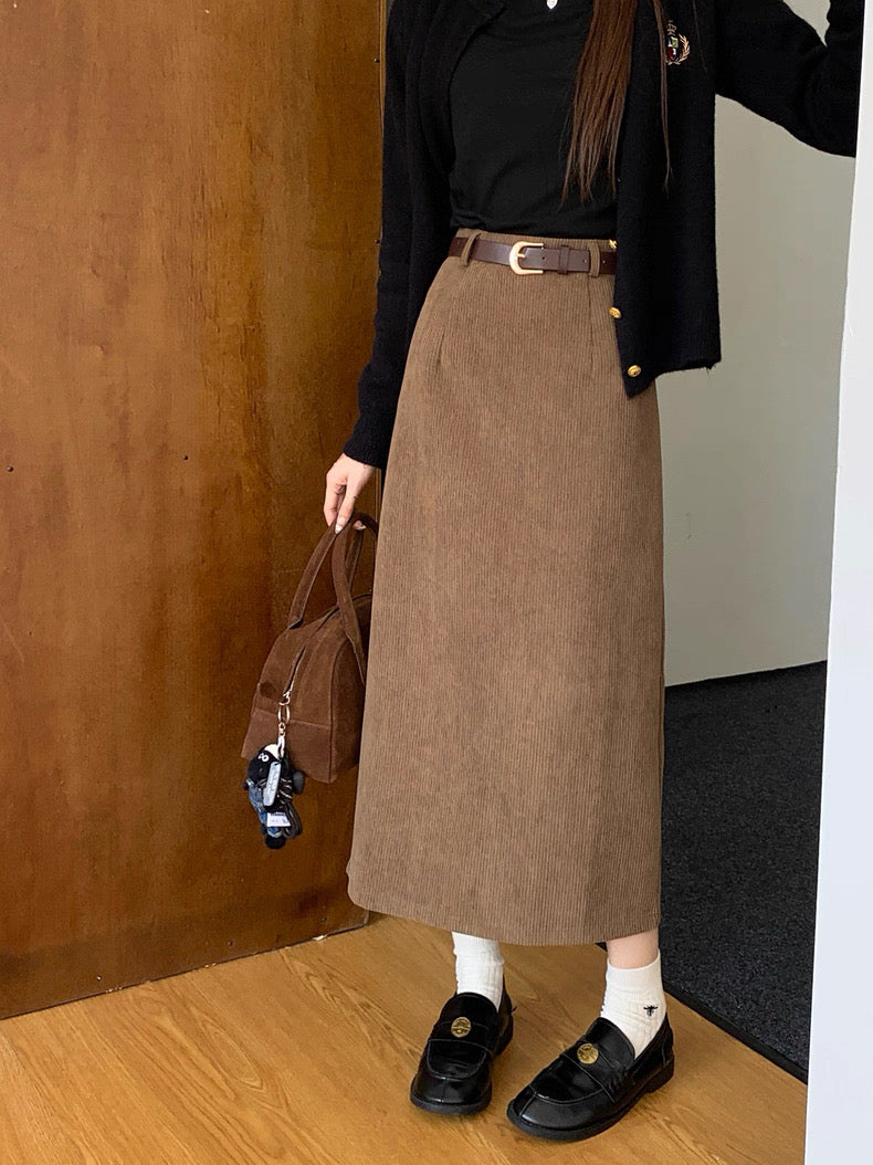 Suede Midi A-Line Skirt with Front Slit