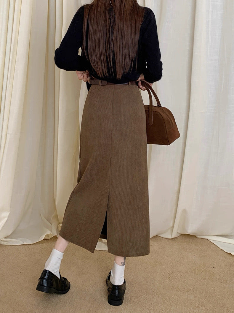Suede Midi A-Line Skirt with Front Slit