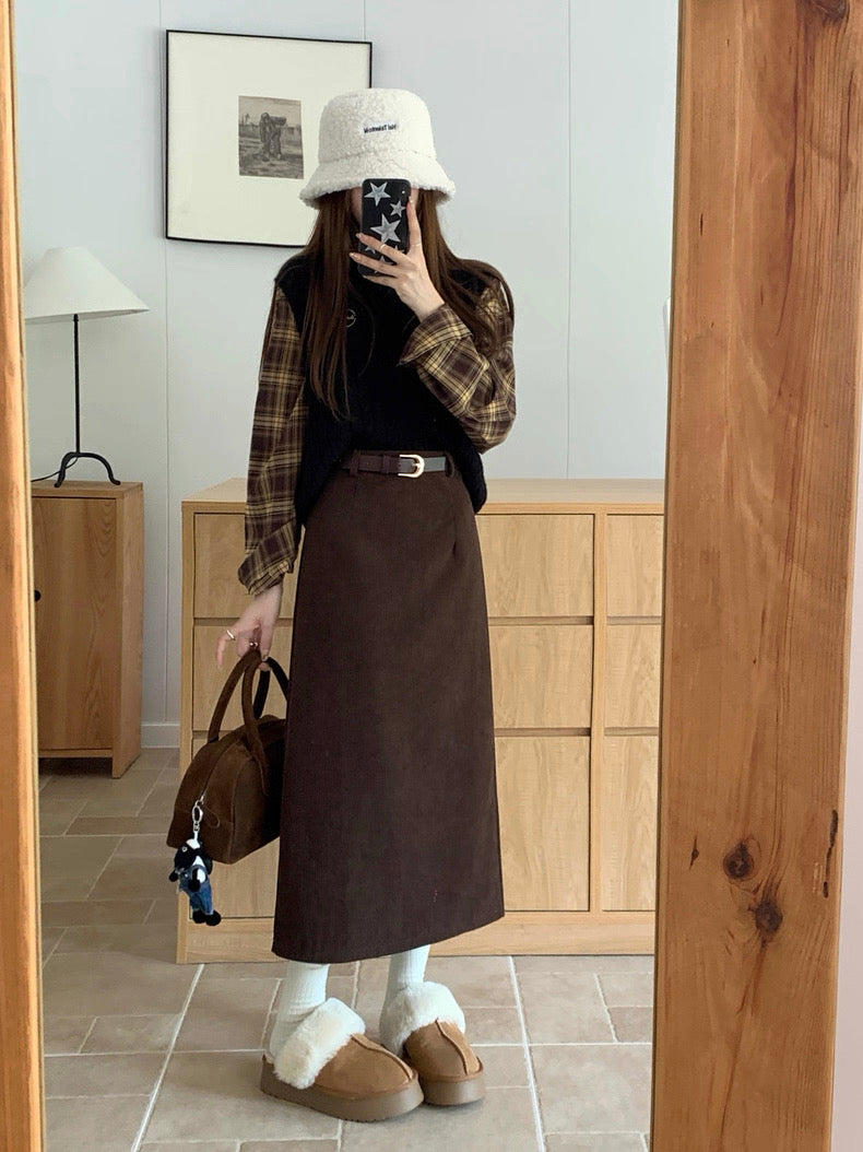 Suede Midi A-Line Skirt with Front Slit