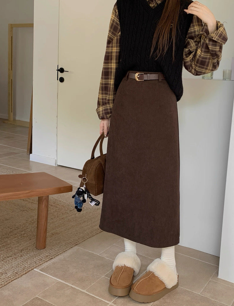 Suede Midi A-Line Skirt with Front Slit