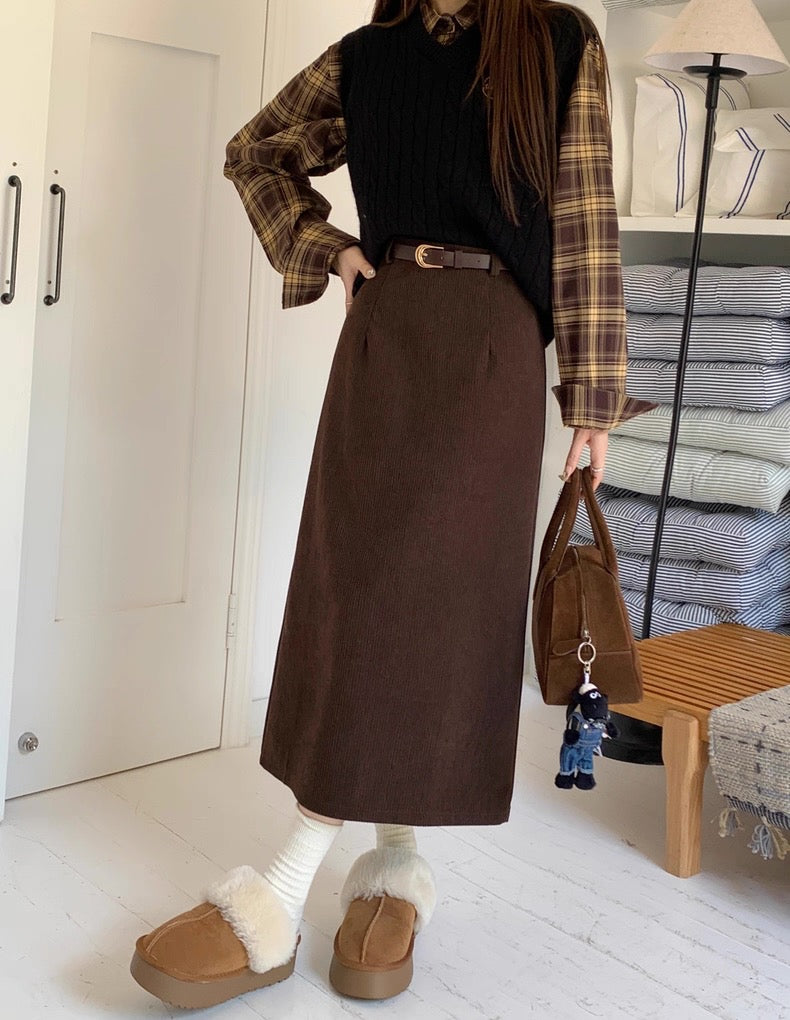 Suede Midi A-Line Skirt with Front Slit