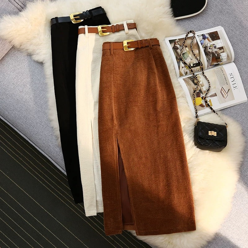 Corduroy Midi A-Line Skirt with Front Slit