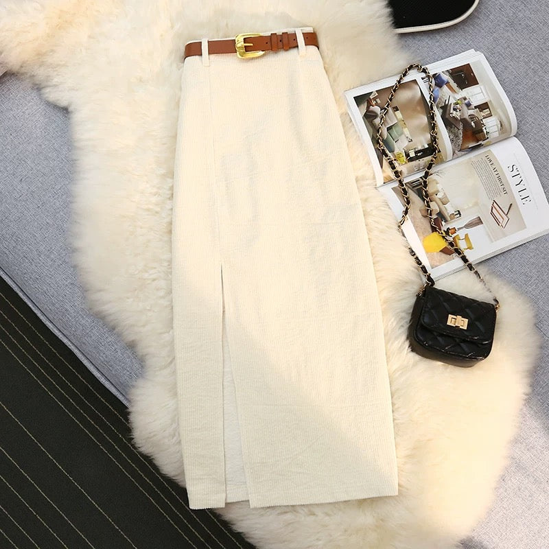 Corduroy Midi A-Line Skirt with Front Slit