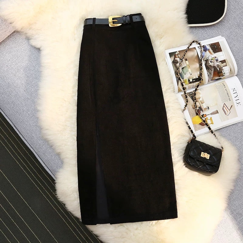 Corduroy Midi A-Line Skirt with Front Slit