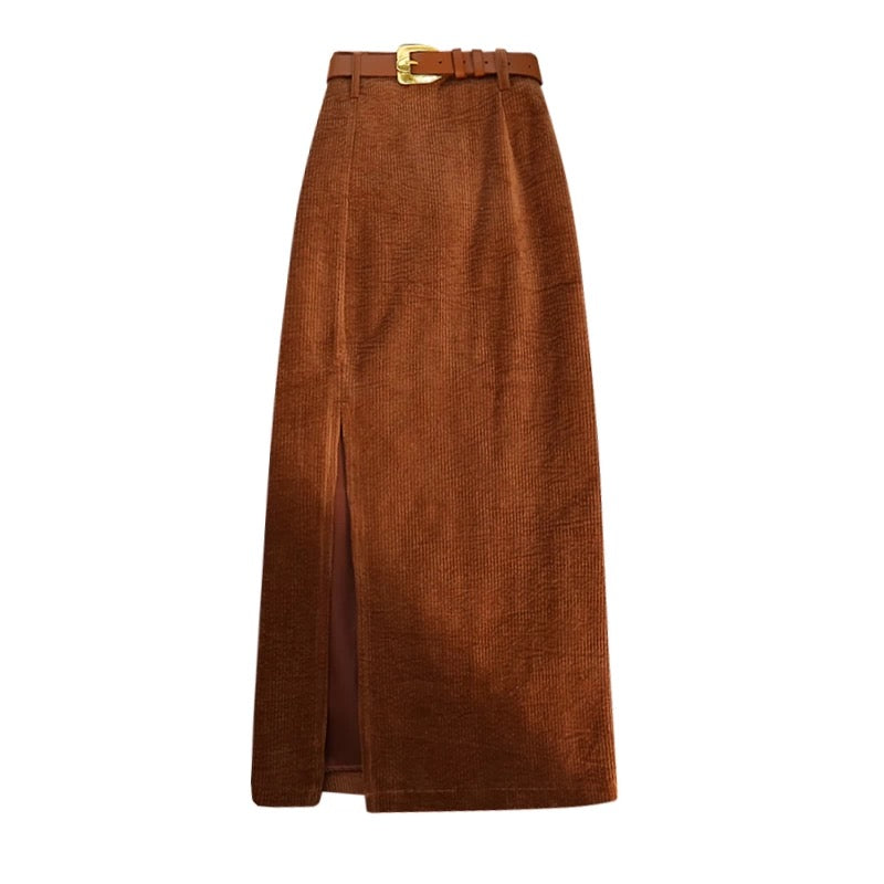 Corduroy Midi A-Line Skirt with Front Slit