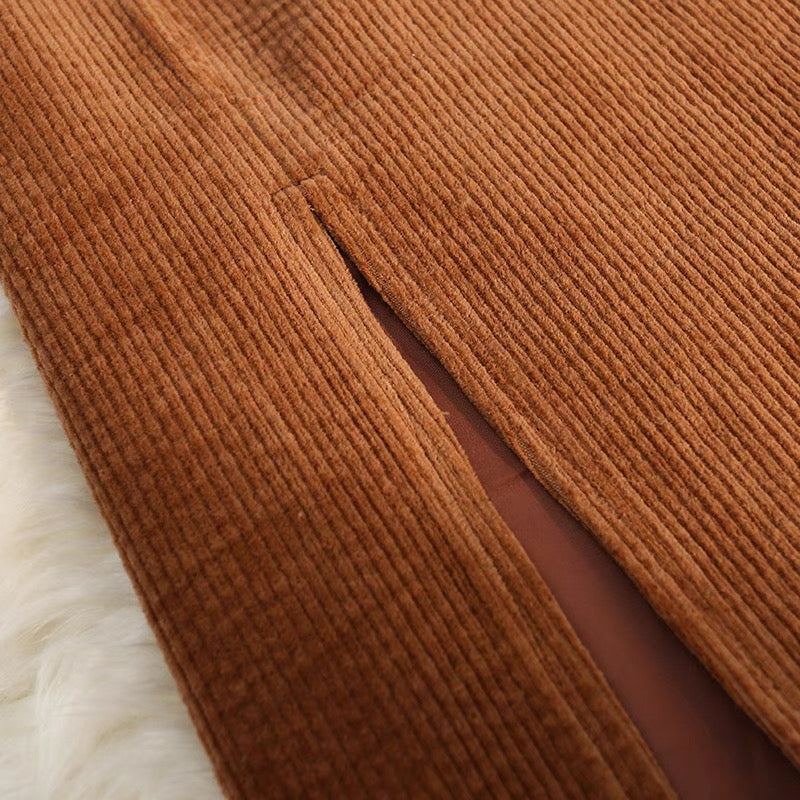 Corduroy Midi A-Line Skirt with Front Slit