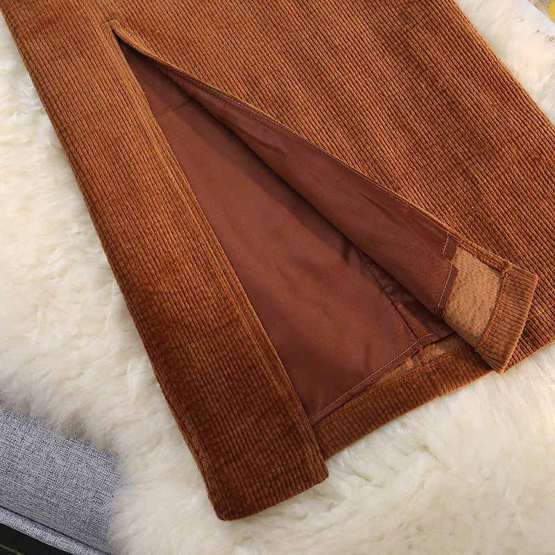 Corduroy Midi A-Line Skirt with Front Slit