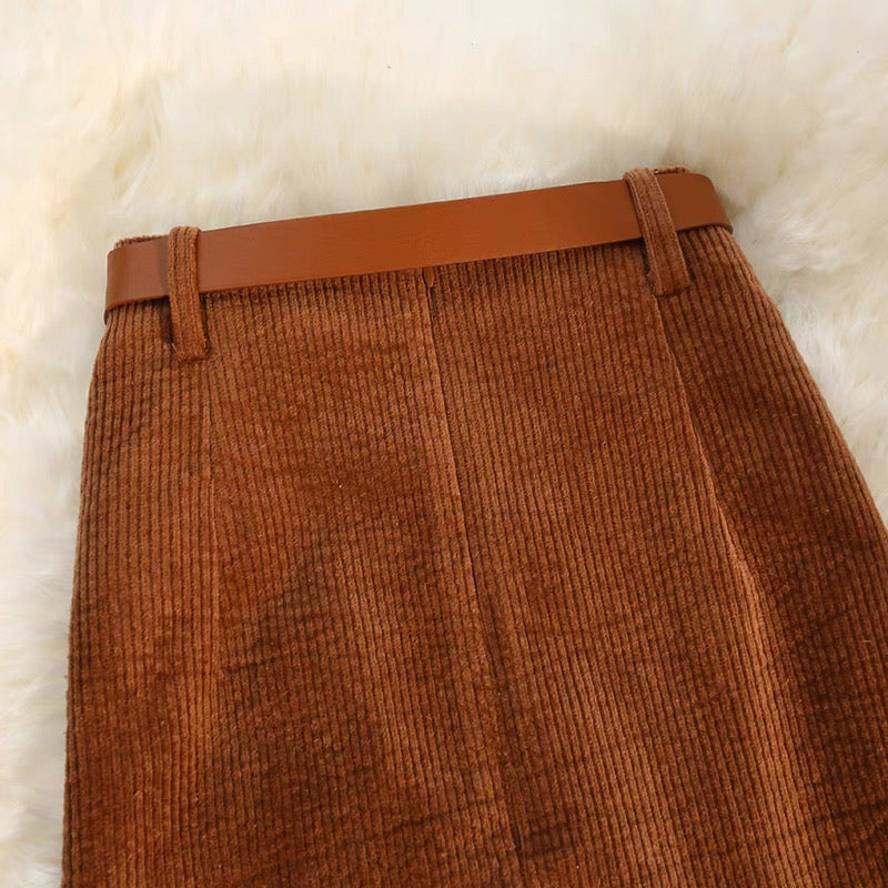 Corduroy Midi A-Line Skirt with Front Slit